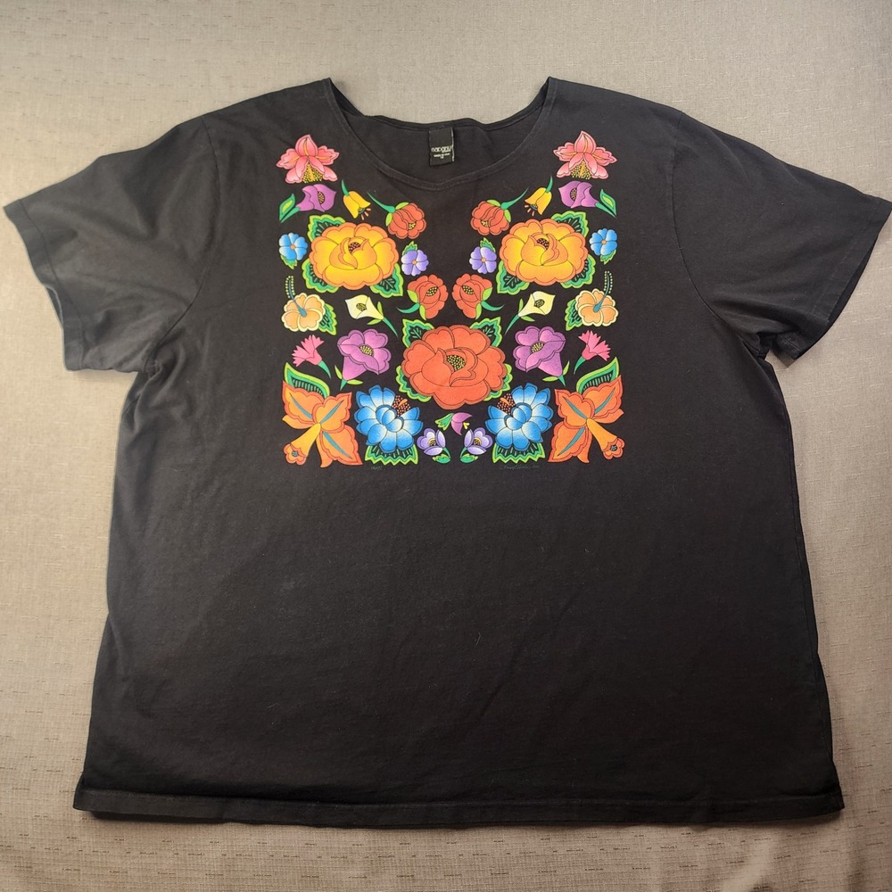 Sabaku Artwear Womens 1X Black Graphic T-Shirt Floral Folk Art Short Sleeve USA